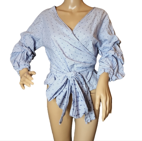 Zara Blue Swiss dot striped long sleeve wrap blouse.  Size medium - Picture 5 of 13